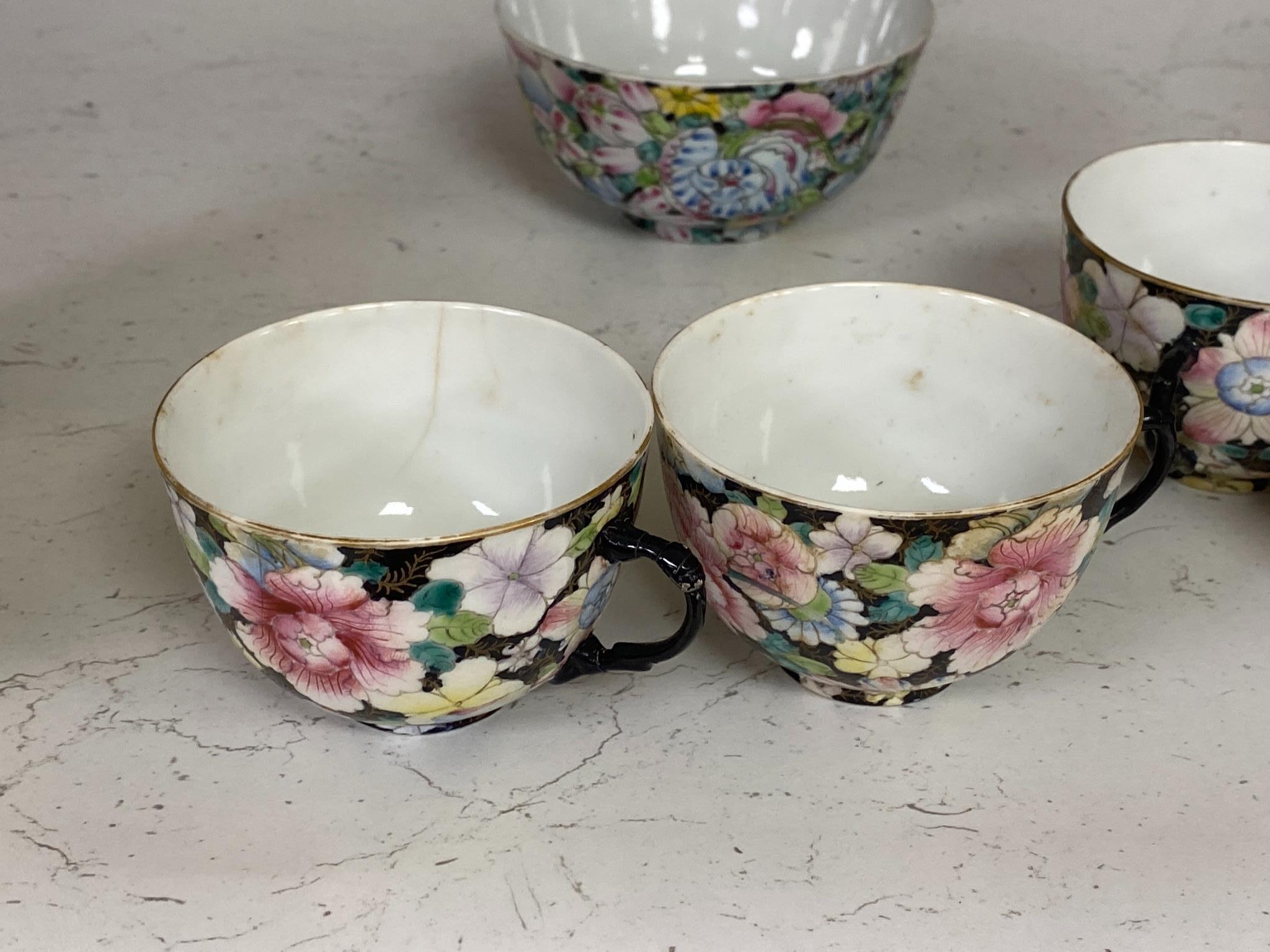 Five Chinese Millefleur cups and a bowl, Guangxu marks, early 20th century, diameter 12cm